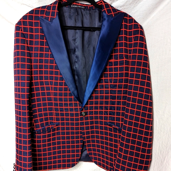 Eaden Myles Red and Blue Checkered Blazer Satin Lapel Medium